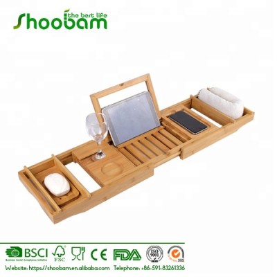 Bamboo Bathtub Caddy Tray with Mirror and Extendable Sides Non-slip Mat