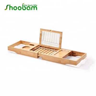 Natural Extendable Bamboo Bathtub Tray with Mirror with Glass and Wine Holder