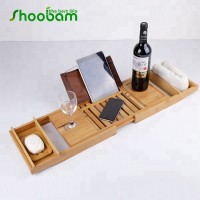 Bamboo Bathtub Caddy with Wine Glass Holder and Removable Accessories Tray