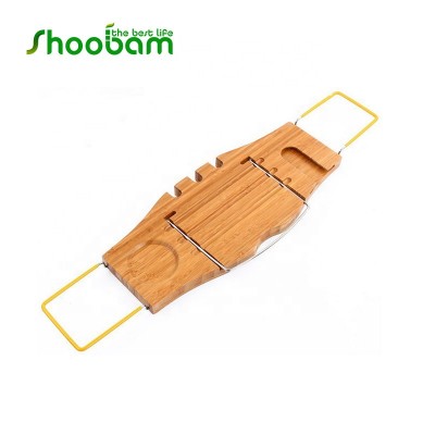 Bamboo Bathtub Caddy Tray with Extending Rubber Sides, Stainless Steel Reading Rack, Cup, Books, Cellphone and Tablet Holder