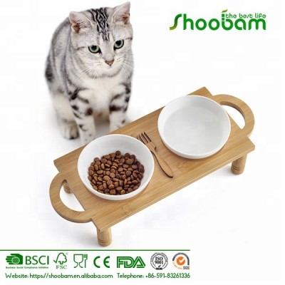 Bamboo Elevated Pet Feeder Raise Stand with Double Ceramic Bowls