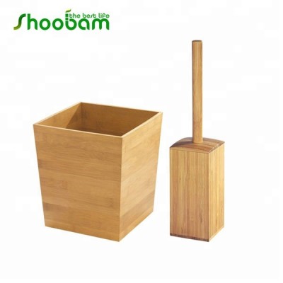 Bamboo Bathroom Toilet Brush holder and Wastebasket Trash Can